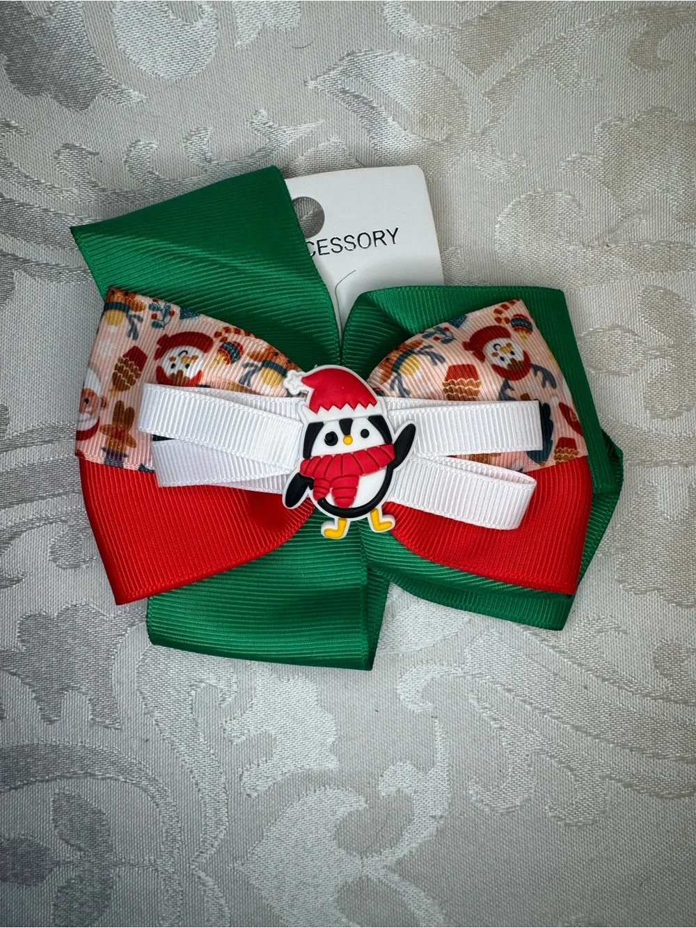 New MINT Kids Christmas Holiday Bow Hair Clip - Penguin and Santa Green/Red/Whit